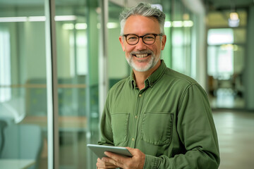 A confident middle-aged man with gray hair and glasses, smiling while holding a tablet in a modern office setting with glass walls and soft lighting