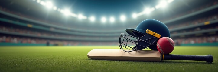 A close-up of cricket equipment including a bat, ball, and helmet set against a vibrant stadium backdrop, perfect for sports promotions and cricket-related content.