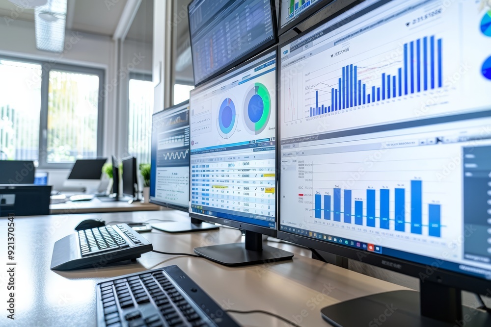  a desk setup with two monitors and a keyboard in a modern office environment, multiple screens in an
