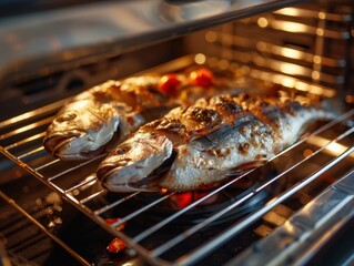 Grilled fish cooking in an oven, highlighting the flavorful preparation and golden-brown crust during the evening meal