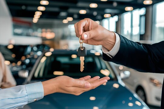 Buy second-hand auto or rent a car concept, Close-up hand of used car agent giving an auto key to client, vehicle offer automobile loan drive service owner.