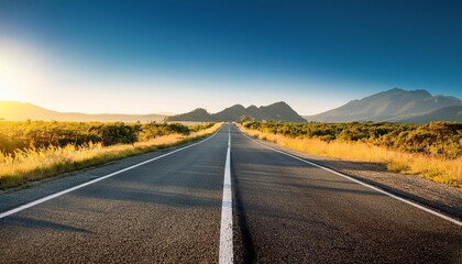 Fototapeta premium Open Road- A long, empty road stretching into the distance, offering space for text or travel-related products, symbolizing adventure and exploration