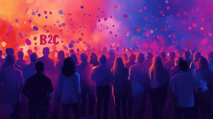 "B2C" in a stylish font on a background of a consumer product launch event, with excited customers and media coverage