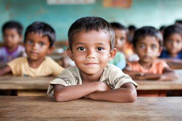 Young Indian boy is smiling at his desk at school while his classmates sit behind him