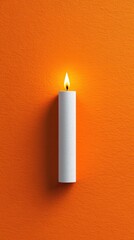 A serene white candle emits a warm glow against a vibrant orange background, creating a calming atmosphere.