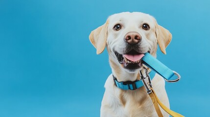 Happy Dog with Leash Against Blue Background