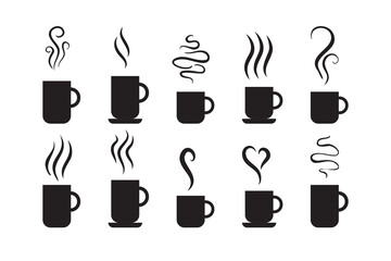 Smells line icon set, hot aroma Coffee, tea in cup, smells or fumes. Isolated symbols doodle glasses of hot drinks. Fragrances evaporate icons.