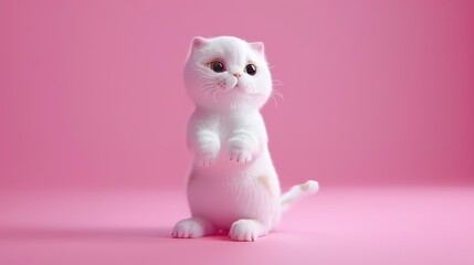 Obraz premium Cute character 3D image of cute cat, scotish fold, white, pink, with golden stripes, he is standing up on his back paws, happy,