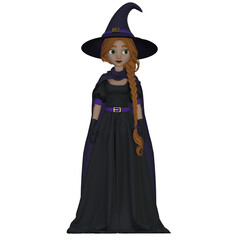 Witch character wearing long black dress and purple hat with a red pigtail 3d rendered illustration. Happy halloween concept