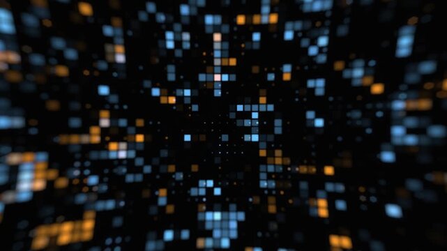 Grey, blue, yellow and brown squares and dots move, blink and change size on a black background. The squares change shape and size randomly. Technological cyberspace representation wallpaper.