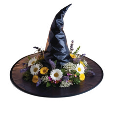 A beautiful black color witch hat adorn with colorful flower isolated on white vector illustration 