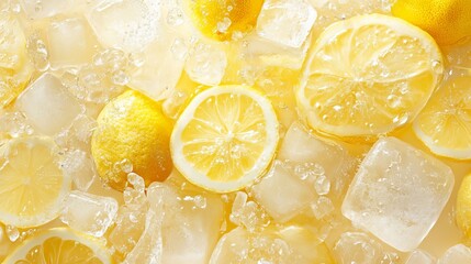 Fresh lemon slices with ice in a refreshing drink on a sunny day
