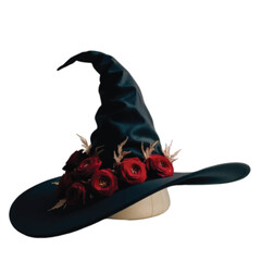 A beautiful black color witch hat adorn with red roses isolated on white vector illustration 