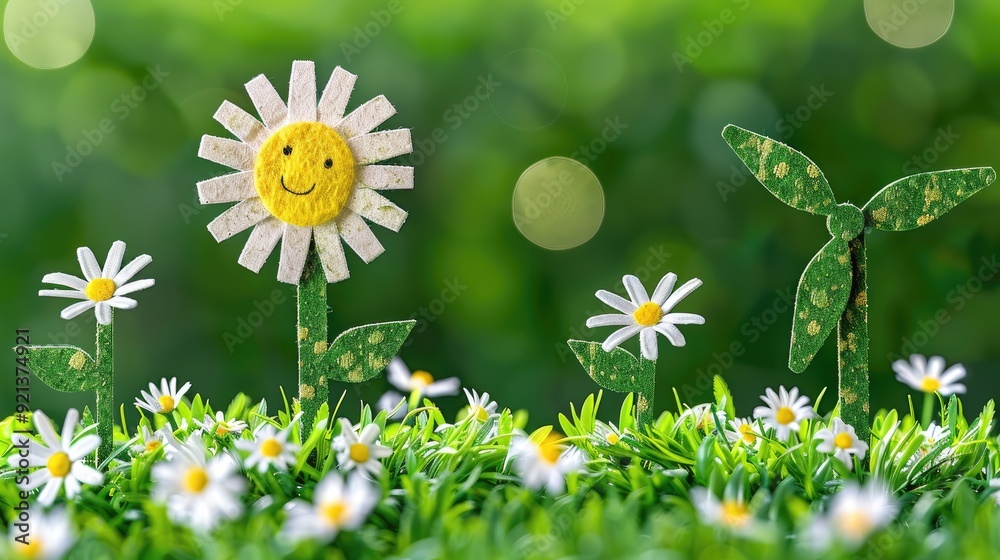 Wall mural A field of flowers with a smiling sun and wind turbines in the background