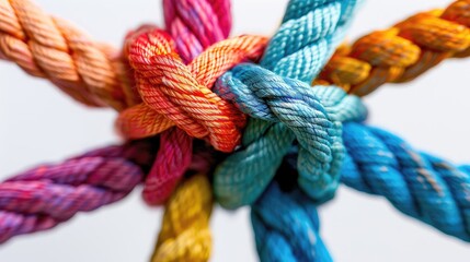 A colorful knot of ropes is tied together