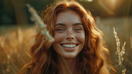 A woman with red hair is smiling and looking at the camera