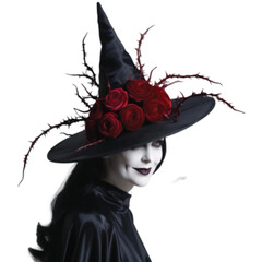 A beautiful witch wearing witch hat adorn with blood red rose flower isolated on white background 