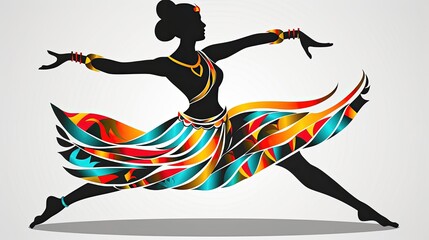 A woman is dancing in a colorful skirt
