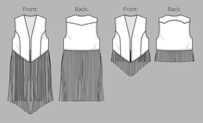 Vector sleeveless jacket with tassel trim fashion CAD, summer woman vest with fringe technical drawing, template, flat, sketch. Suede or woven fabric 2 pcs set vest with front, back view, white color