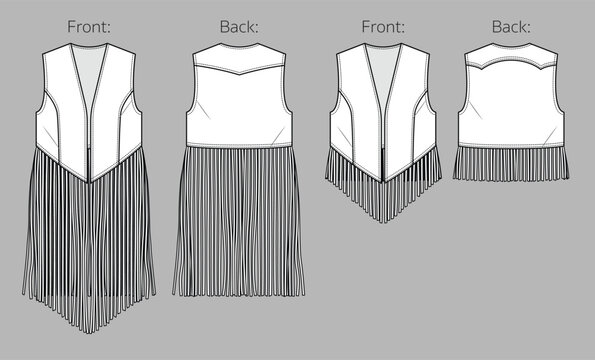 Vector sleeveless jacket with tassel trim fashion CAD, summer woman vest with fringe technical drawing, template, flat, sketch. Suede or woven fabric 2 pcs set vest with front, back view, white color