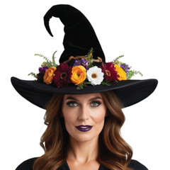 A beautiful witch wearing witch hat adorn with variouse flower isolated on white background 