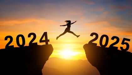 Merry Christmas and Happy new year 2025. A young girl jump between 2024 and 2025 years over the sun and through on the gap of hill silhouette, evening yellow sky. High quality image