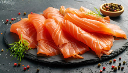 smoked salmon slices on dark stone table