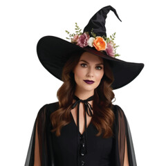 A beautiful witch wearing witch hat adorn with colorful flowers isolated on white background 