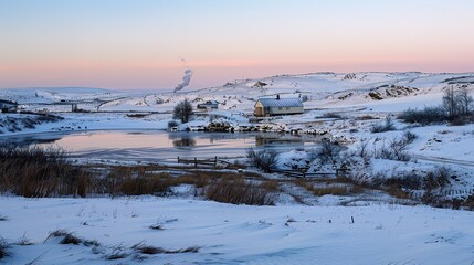 Winter landscape with a river and farmhouse at dusk in a serene rural setting