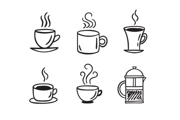 Hand drawn hot drinks set. Doodle coffee cups white background. Coffee, tea, cappuccino, espresso, latte, americano, hot chocolate