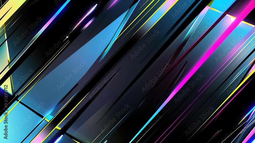 Poster abstract geometric patterns with vibrant colors and dynamic lines on a dark background
