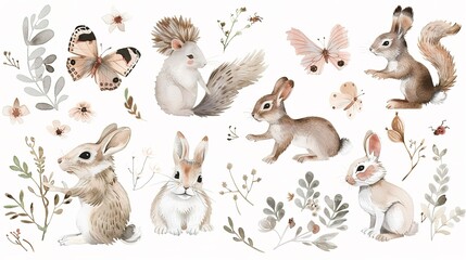 Fototapeta premium Whimsical illustration of woodland animals and butterflies among delicate floral elements