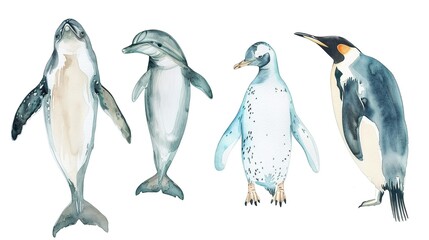 Obraz premium Watercolor illustration of marine animals including a dolphin, two penguins, and an emperor penguin against a white background