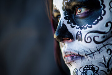 Face with Day of the Dead makeup and floral decor