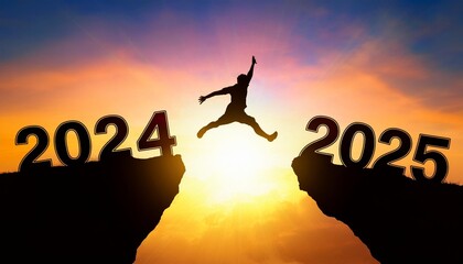 Merry Christmas and Happy new year 2025. A young businessman jump between 2024 and 2025 years over the sun and through on the gap of hill silhouette, evening yellow sky. High quality image
