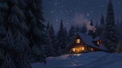 Fototapeta premium Cozy cabin illuminated by warm light under a starry night sky in a snowy forest