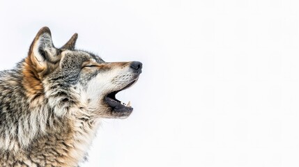 A wild coyote howls against a snowy backdrop in the wilderness
