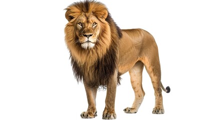 Obraz premium Majestic lion stands proudly against a plain background, showcasing its impressive mane and regal stance