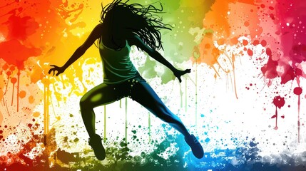 A woman is jumping in the air with her arms outstretched