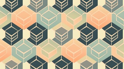 Geometric pattern featuring hexagons and leaf shapes in pastel colors on a cream background