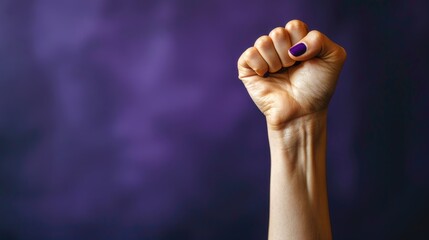 A woman's hand is raised in the air with a purple nail polish on it
