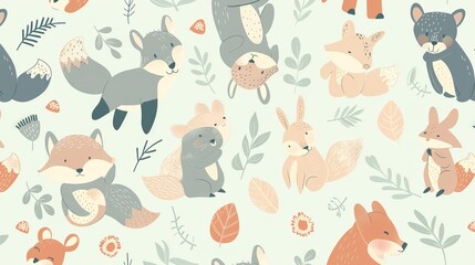 Obraz premium Cute forest animals pattern design featuring foxes, rabbits, and bears surrounded by leaves and flowers on a light background