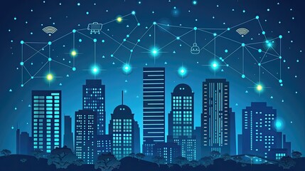 A city skyline with a blue sky and a starry night