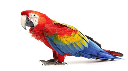 Obraz premium Vibrant scarlet macaw perched with colorful plumage on a white background