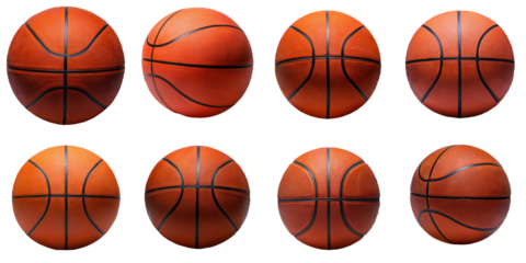 Eight Basketballs,  Different Angles, Isolated on Black Background