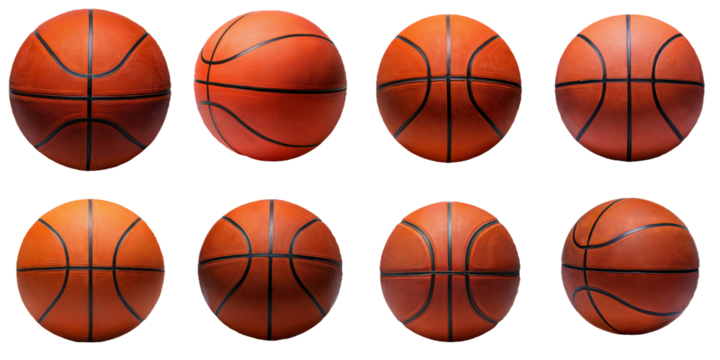 Eight Basketballs,  Different Angles, Isolated on Black Background