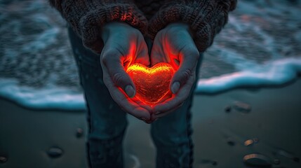 A person holding a heart with a red glow