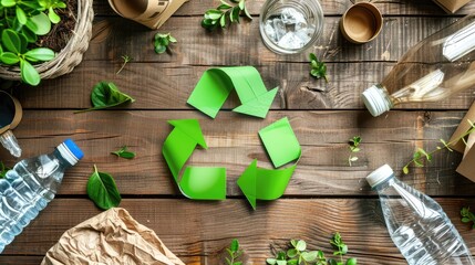 A green recycling symbol is on a wooden table with bottles and other items