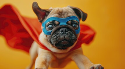 A dog wearing a blue cape and mask is flying through the air