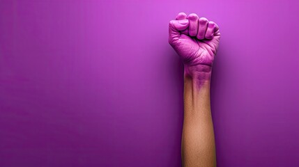 A hand with pink paint on it is raised in the air